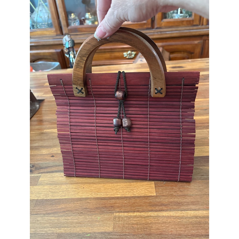 Unbranded Bamboo Slat Handbag Women Small Burgundy Excellent Wooden Handle Boho